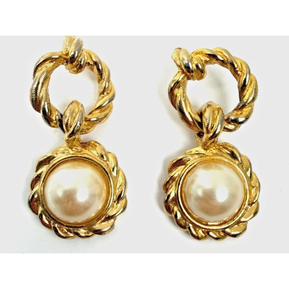 Vintage Anne Klein Gold Rope Twist Pearl Drop Dangle Earrings Statement 1980s